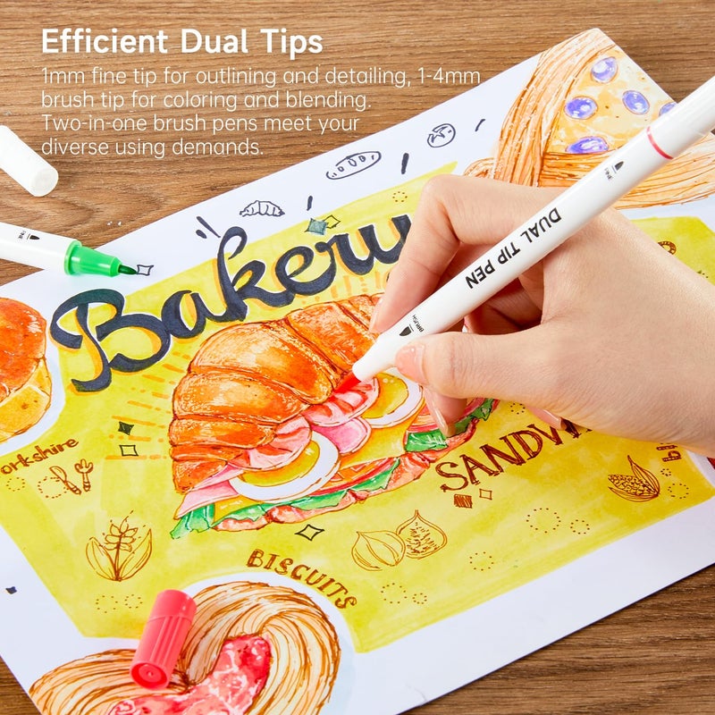 Shuttle Art Dual Tip Brush Marker Pens, 105 Colors Fine and Brush Tip Markers Set in Portable Case with 1 Coloring Book for Kids, Water-based Ink Adult Artist Coloring Calligraphy Journal Doodling - Image 4